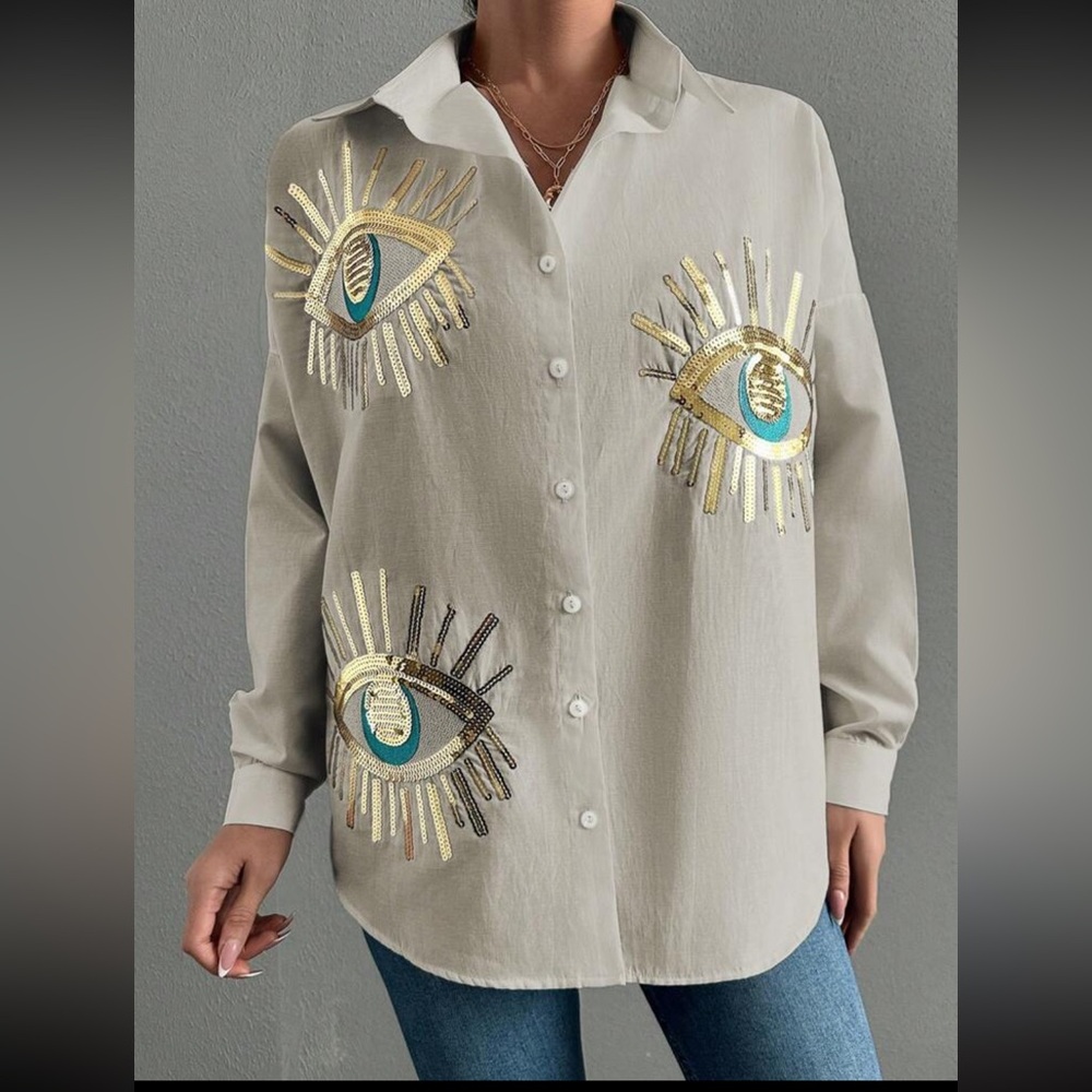 Boho beige blue eye embroidered button down long sleeve shirt - Picture 2 of 5
